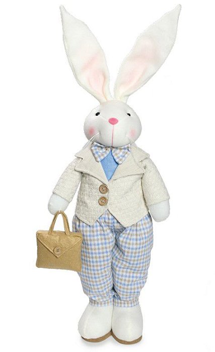 Coelho em Pé com Calça Xadrez Azul e Nude 70cm - Coleção Tartin - Ref 1822042 Cromus