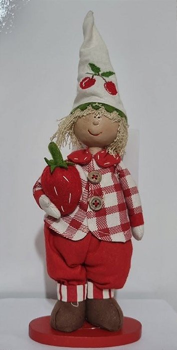 Boneco de Tecido em Pé Moranguinho com Chapéu Comprido Branco Cerejinha 29cm - Coleção Moranguinho - Ref 1120100 Cromus