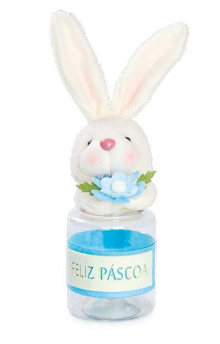 Potinho de Páscoa com Coelho Segurando Flor e Placa Feliz Páscoa Azul 28x13x9cm - Coleção Espumone - Ref 1822055 Cromus