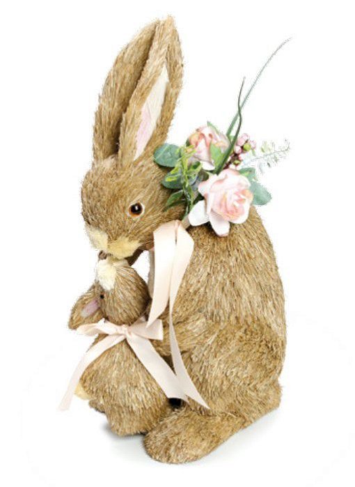 Coelha de Palha com Filhote de Laço Rosa e Flores 30x20x15cm - Coleção Amendoa - Ref 1820413 Cromus