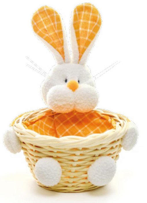 Cesta de Palha com Coelho Abraçado Xadrez Laranja 17x14cm - Ref 1822826 Cromus