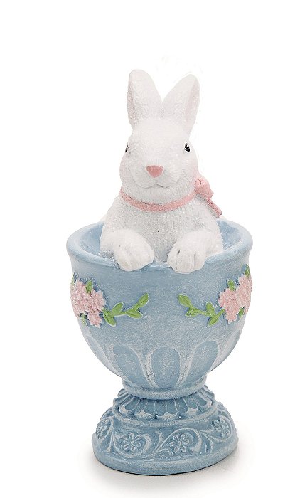 Coelho Decorativo de Resina Dentro da Xicara Azul 10x5x5cm - Cute Family - Ref 1014827 Cromus