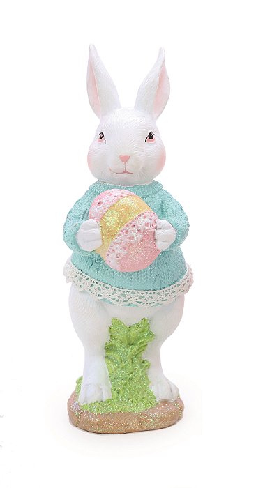 Coelho Decorativo de Resina em Pé com Ovo de Páscoa 16x6x7.5cm - Cute Family - Ref 1020303 Cromus
