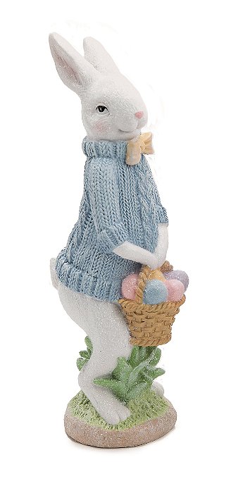 Coelho Decorativo de Resina em Pé com Cesta de Ovos na Mão 17x5x7cm - Cute Family - Ref 1014822 Cromus