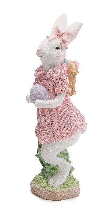 Coelha Decorativa de Resina em Pé com Cesta de Ovos Nas Costas 17x5x7cm - Cute Family - Ref 1014822F Cromus