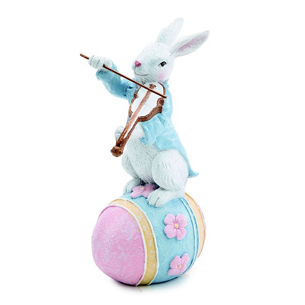 Coelho Decorativo de Resina Tocando Violino Encima do Ovo 20x8x10cm - Cute Family - Ref 1014824 Cromus
