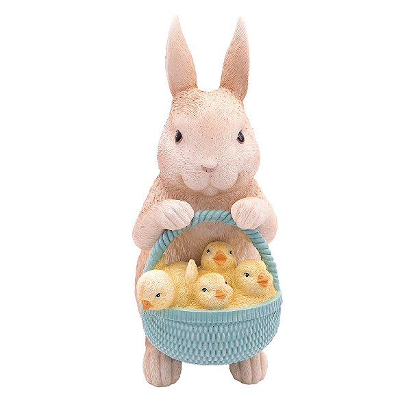 Coelho Decorativo de Resina com Cesta de Pássaros 24x10x16cm - Cute Family - Ref 1014619 Cromus