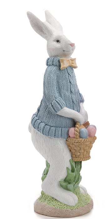 Coelho Decorativo de Resina em Pé com Cesta de Ovos na Mão 40x12x16cm - Cute Family - Ref 1014823 Cromus