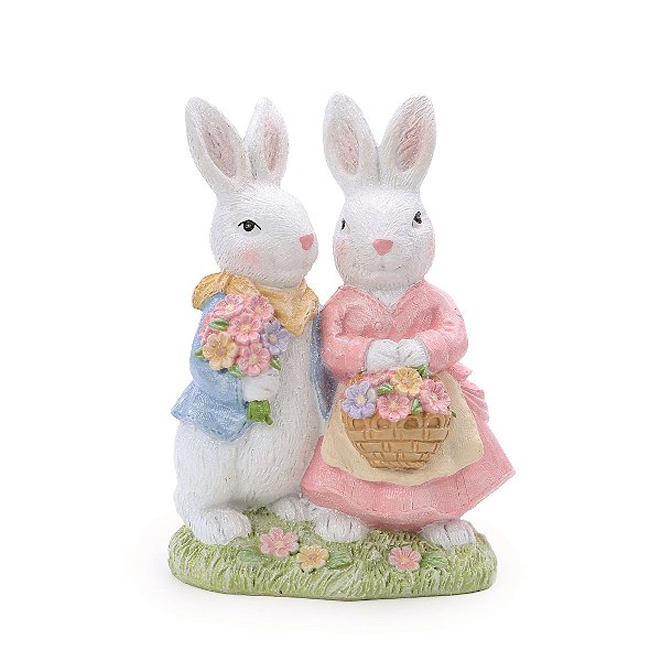 Casal de Coelhos de Resina em Pé com Cestas de Ovos 16x11.5x7.5cm - Cute Family - Ref 1020294 Cromus