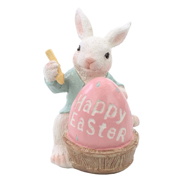 Coelho Decorativo de Resina Sentado Com Ovo Happy Easter 11.5x7x8.5cm - Cute Family - Ref 1020319 Cromus
