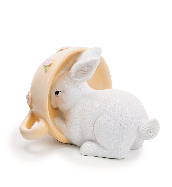 Coelho Decorativo de Resina Dentro da Xicara Amarela 13x10x9cm - Cute Family - Ref 1014828A Cromus