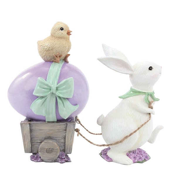 Coelho de Resina Puxando Carretinha de Ovo com Pintinho 19.5x9.5x24cm - Flor de Malva - Ref 1020343 Cromus