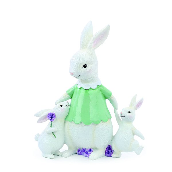 Coelha Decorativa de Resina com Filhotes 19.5x15.5x7.5cm - Flor de Malva - Ref 1020345 Cromus
