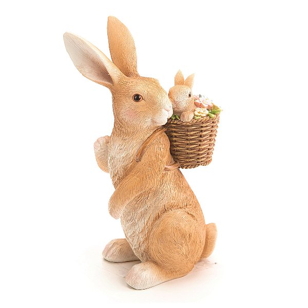 Coelho Decorativo de Resina com Filhote no Cesto de Flores nas Costas 20x11x8cm - Coleção Ternura - Ref 1014290 Cromus
