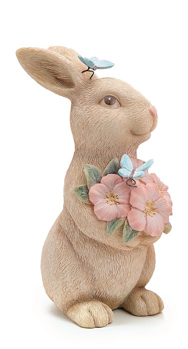 Coelho Decorativo de Resina em Pé com Borboletas 20x10x13cm - Coleção Ternura - Ref 1014844 Cromus
