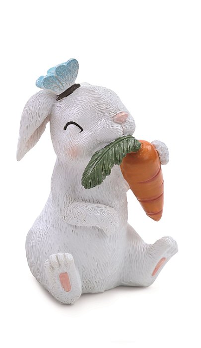 Coelho de Resina Sentado Comendo Cenoura com Borboleta na Cabeça 14x8x8.5cm - Coleção Flower - Ref 1018372S Cromus