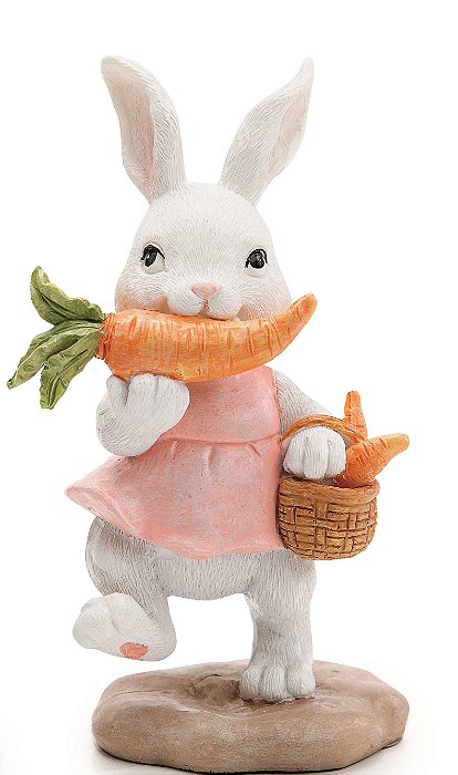 Coelha Decorativa de Resina com Cenoura na Boca 14x8x6cm - Coleção Flower - Ref 1021447 Cromus
