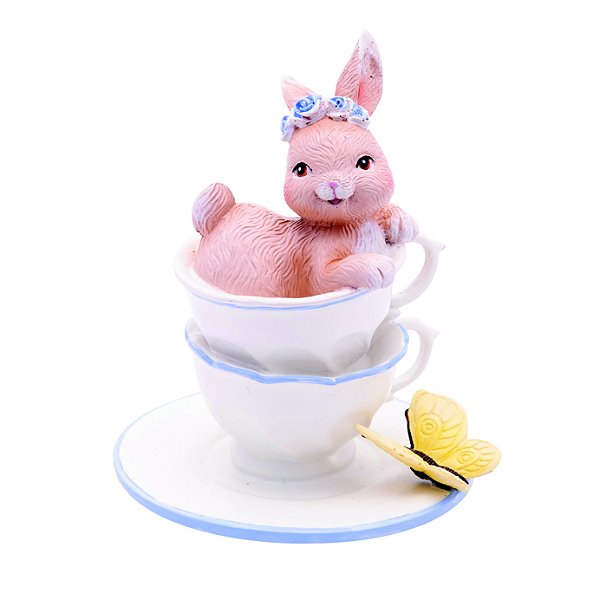 Coelho Decorativo na Pilha de Xicaras com Borboleta Amarela 15x12x12cm - Coleção Fofura - Ref 1014654 Cromus