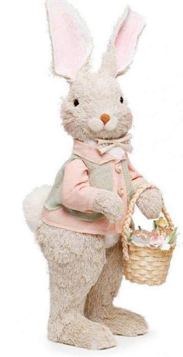 Coelho de Palha Italiana em Pé com Colete Segurando Cesta de Ovos 45cm - Coleção Pistache - Ref 1827146 Cromus