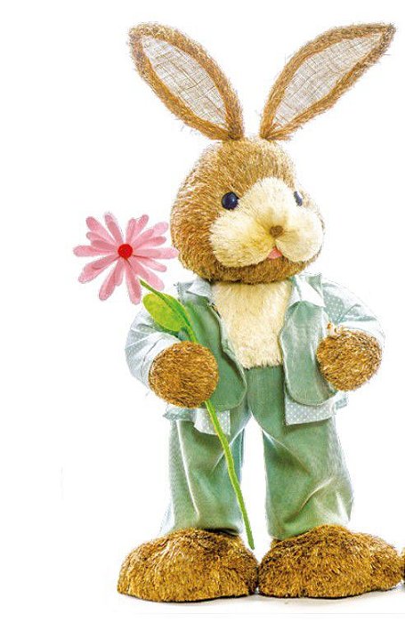 Coelho de Palha Gigante em Pé Segurando Flor 90cm - Coleção Bem Casado - Ref 1822995 Cromus