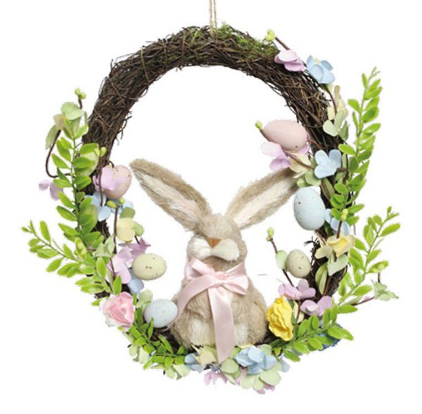 Guirlanda Decorativa de Páscoa Oval com Coelha, Galhos e Flores 30x23cm - Coleção Fondant - Ref 1820837 Cromus