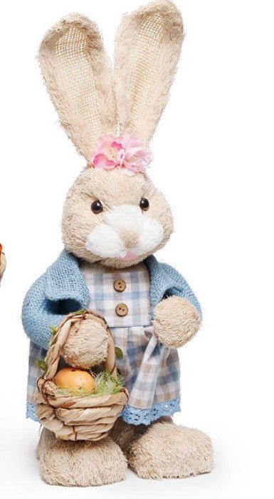 Coelha de Palha Italiana com Vestido Xadrez e Casaco de Juta Azul e Cesto de Ovos 45cm - Coleção Farmer - Ref 1826590F Cromus