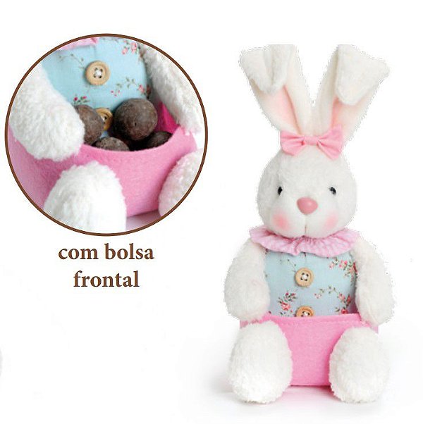 Coelha de Páscoa Sentada com Bolsão Frontal e Roupa Floral Azul e Rosa 22cm - Coleção Vanilla - Ref 1621214 Páscoa Cromus