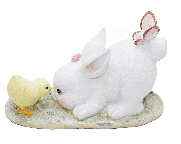 Coelho Decorativo de Resina com Pintinho e Borboleta 24x16cm - Coleção Color Baby - Ref 1014676 Cromus
