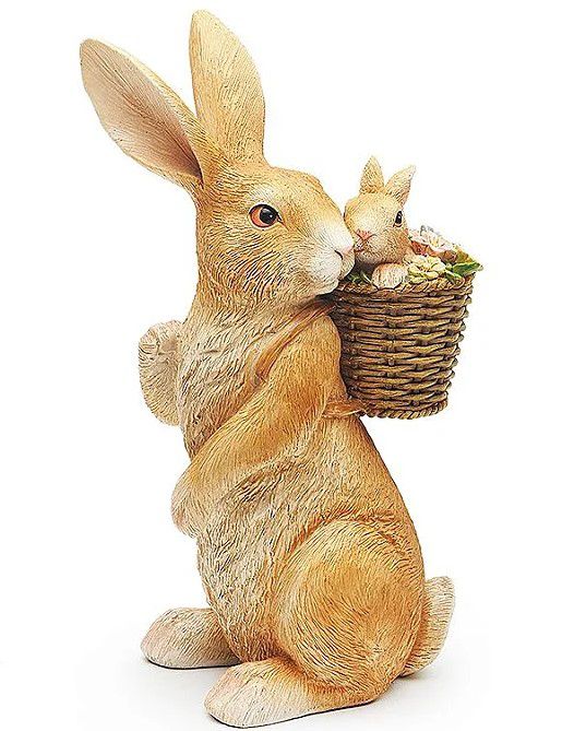 Coelho Decorativo de Resina com Cesta de Flores e Filhote nas Costas 20x12.5cm - Coleção Primavera - Ref 1014755 Cromus