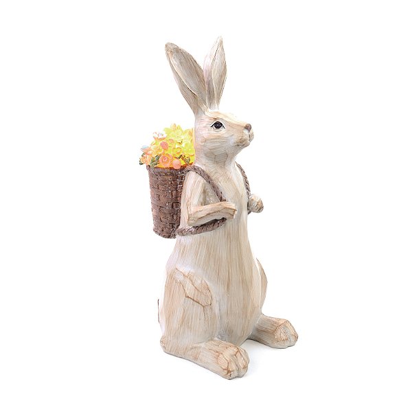 Coelho Decorativo de Resina Tipo Madeira com Cesto de Flores nas Costas e Led 28x10cm - Coleção Gallery - Ref 1018946 Cromus
