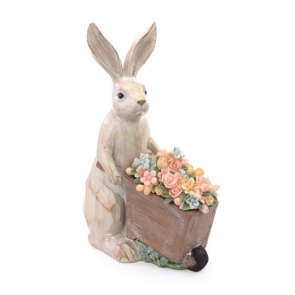 Coelho Decorativo de Resina Tipo Madeira com Carrinho de Flores e Led 24x16cm - Coleção Gallery - Ref 1018947 Cromus