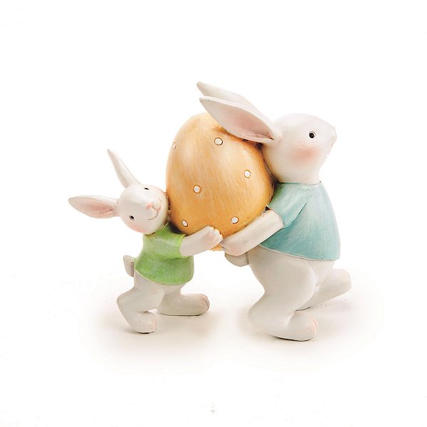Coelho de Resina com Filhote Carregando Ovo 10x12x5cm - Coleção Color Baby - Ref 1014389 Cromus