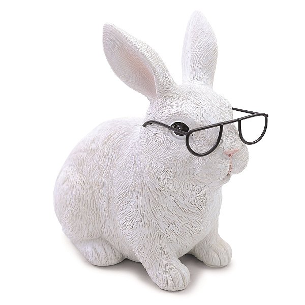 Coelho Decorativo de Resina Branco com Óculos 15x9x13cm - Coleção Petit Sweet - Ref 1018385 Cromus