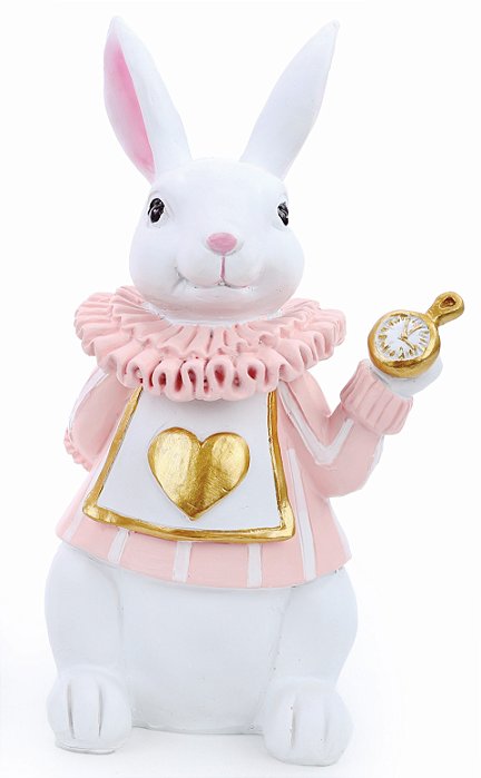 Coelho Decorativo de Resina com Colete Rosa e Dourado e Relógio 26x14.5cm - Coleção Petit Sweet - Ref 1018695R Cromus