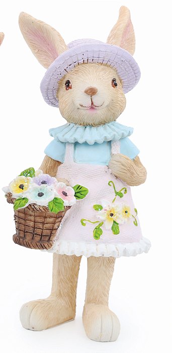 Coelha de Resina com Chapéu Rosa e Cesta de Flores 21x11x9cm - Coleção Petit Sweet - Ref 1018698F Cromus
