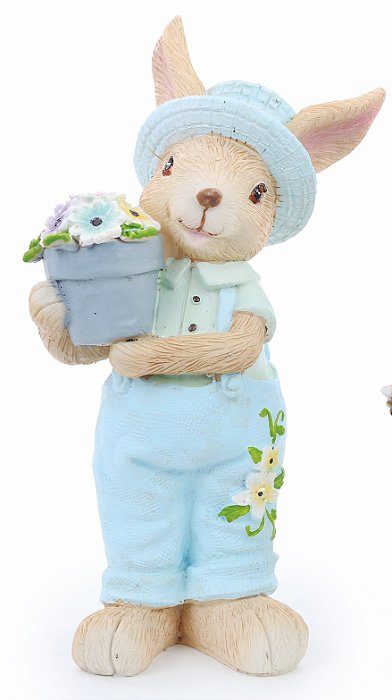 Coelho de Resina com Chapéu Azul e Balde de Flores 21x11x9cm - Coleção Petit Sweet - Ref 1018698 Cromus