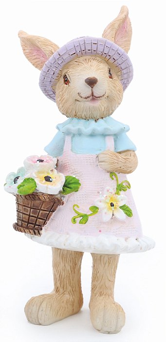 Coelha de Resina com Chapéu Rosa e Cesta de Flores 15x7x6cm - Coleção Petit Sweet - Ref 1018699F Cromus