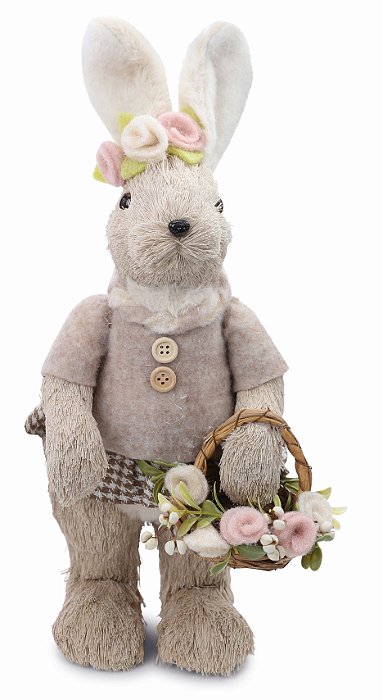 Coelha de Palha Italiana e Pelúcia com Roupa Xadrez Segurando Cesta de Flores 40x15x17cm - Coleção Fazendinha - Ref 1016009F Cromus