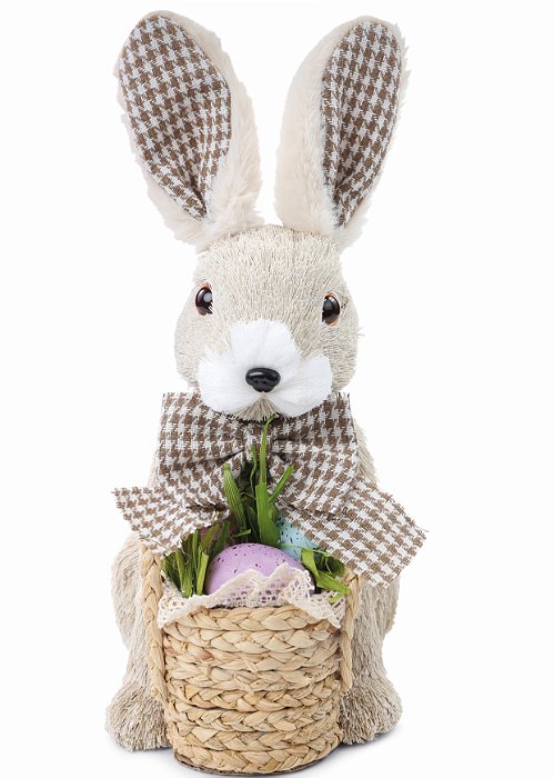 Coelho De Palha Italiana Sentado com Laço Xadrez Segurando Cesta 33x15x21cm - Coleção Fazendinha - Ref 1016007 Cromus