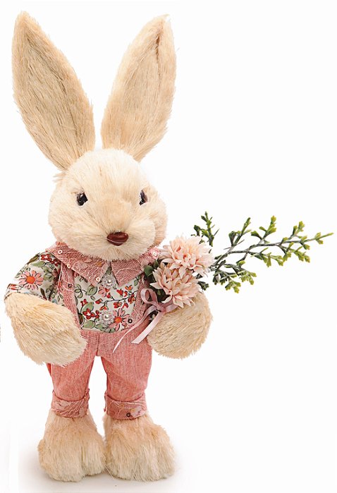 Coelho Decorativo de Palha Creme Segurando Flores 30x20x14cm - Coleçãi Green Gables - Ref 1013427 Cromus