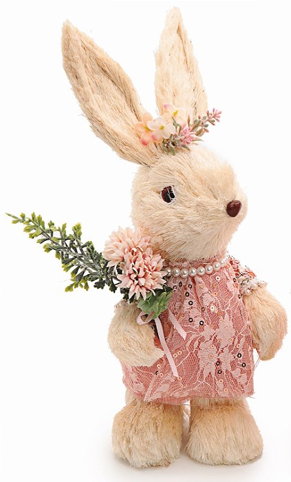 Coelha Decorativo de Palha Creme Segurando Flores 30x20x14cm - Coleção Green Gables - Ref 1013427F Cromus