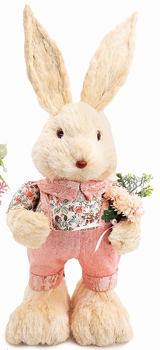 Coelho Decorativo de Palha Creme Segurando Flores 40x18x15cm - Coleçãi Green Gables - Ref 1024897 Cromus
