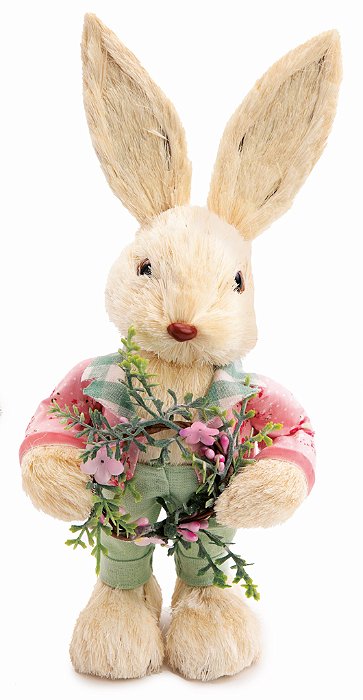 Coelho Decorativo de Palha Creme Segurando Guirlanda 30x14x11cm - Coleçãi Green Gables - Ref 1024899 Cromus