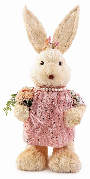 Coelha Decorativo de Palha Creme com Vestido de Renda 30x14x11cm - Coleção Green Gables - Ref 1024899F Cromus