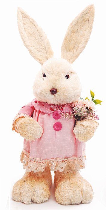 Coelha Decorativa de Palha Creme Segurando Flores 40x17x16cm - Coleção Green Gables - Ref 1013432F Cromus