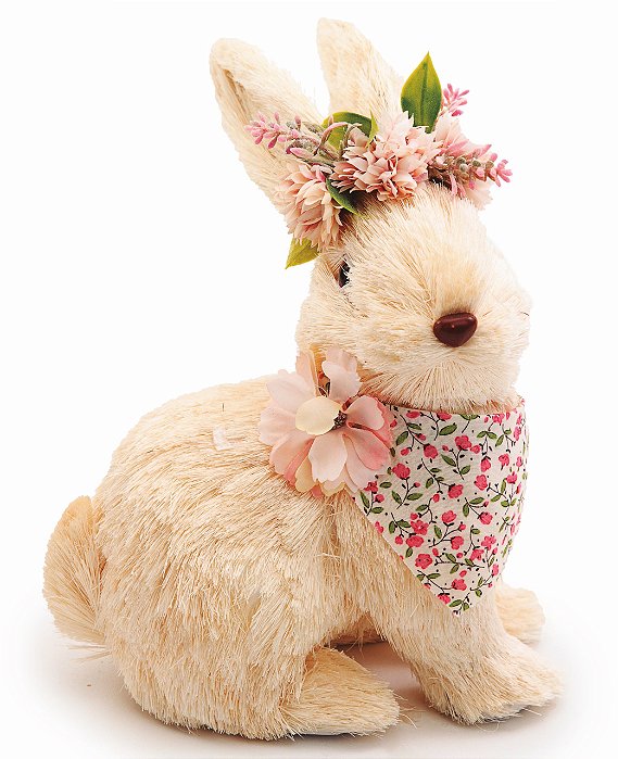 Coelha Decorativa de Palha Creme Sentada com Flores na Cabeça 18x16x16cm - Coleção Green Gables - Ref 1013429 Cromus