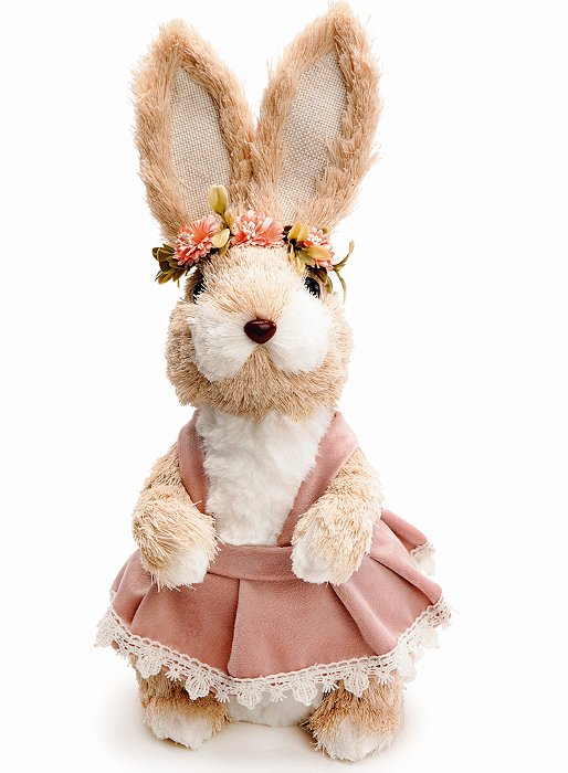 Coelha de Palha Italiana em Pé com Vestido de Veludo 35x14x17cm - Coleção Brisa - Ref 1012846 Cromus