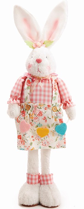 Coelha Decorativa em Pé Com Vestido Florido e Cordão de Corações na Mão 60x20x10cm - Coleção Framboesa - Ref 1024214F Cromus