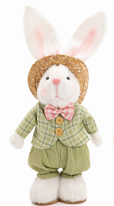 Coelho Decorativo de Pé com Chapéu e Gravata Borboleta 45x18x10cm - Coleção Framboesa - Ref 1024215 Cromus