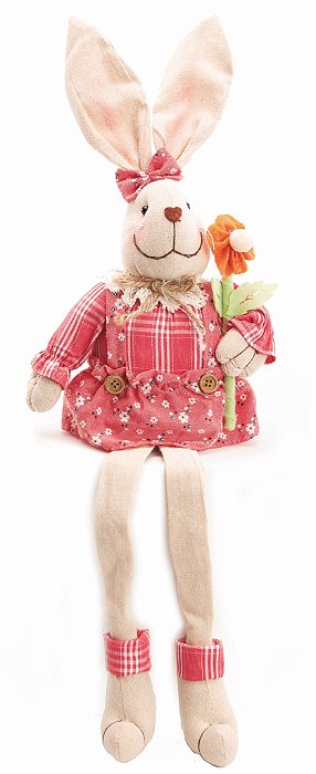 Coelha Decorativa Sentada com Perna Comprida Segurando Flor 60x17x8cm - Coleção Framboesa - Ref 1019114F Cromus